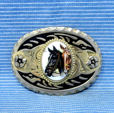 Western Saddle Horses Belt Buckle Floral Scroll Art Mount Vtg 80s    .TYC343