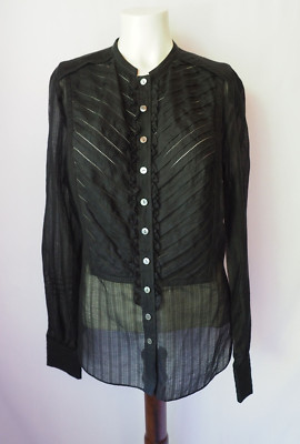 Calvin Klein Cotton Silk Blouse Black Sheer Stripe Ruffle Size 12 (Runs Small)