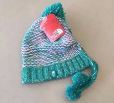 NEW Girls' THE NORTH FACE CLQ1 'Flecka' Purple Green Earflap Knit Pom Beanie, M