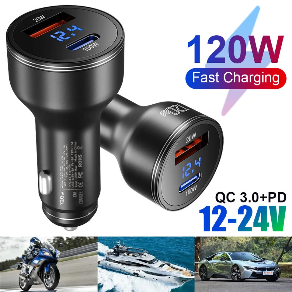 Cargador de Coche 120W 12V USB Tipo C PD QC 3.0 Adaptador Cargador Rápido para iPhone Laptop Foto 3 de 4