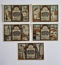 5 old banknotes, emergency money from: City of Rothenburg Tauber - 5 x 1 Mark from 1921