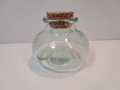 Vintage Oval Heavy Glass Apothecary Jar W/ Cork Stopper, Has Green Tint, Bubbles