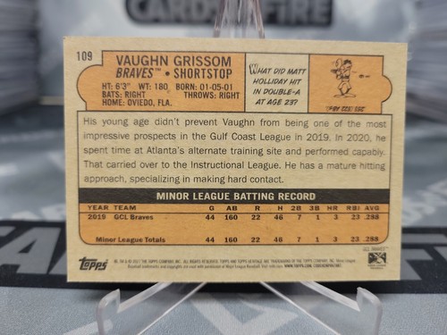 2021 Topps Heritage Minor League Vaughn Grissom RC #109 ROOKIE CARD Braves - Foto 2 di 2