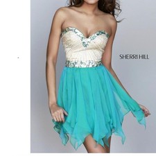 Sherry Hill strapless embellished formal dress Style 1928 in Teal