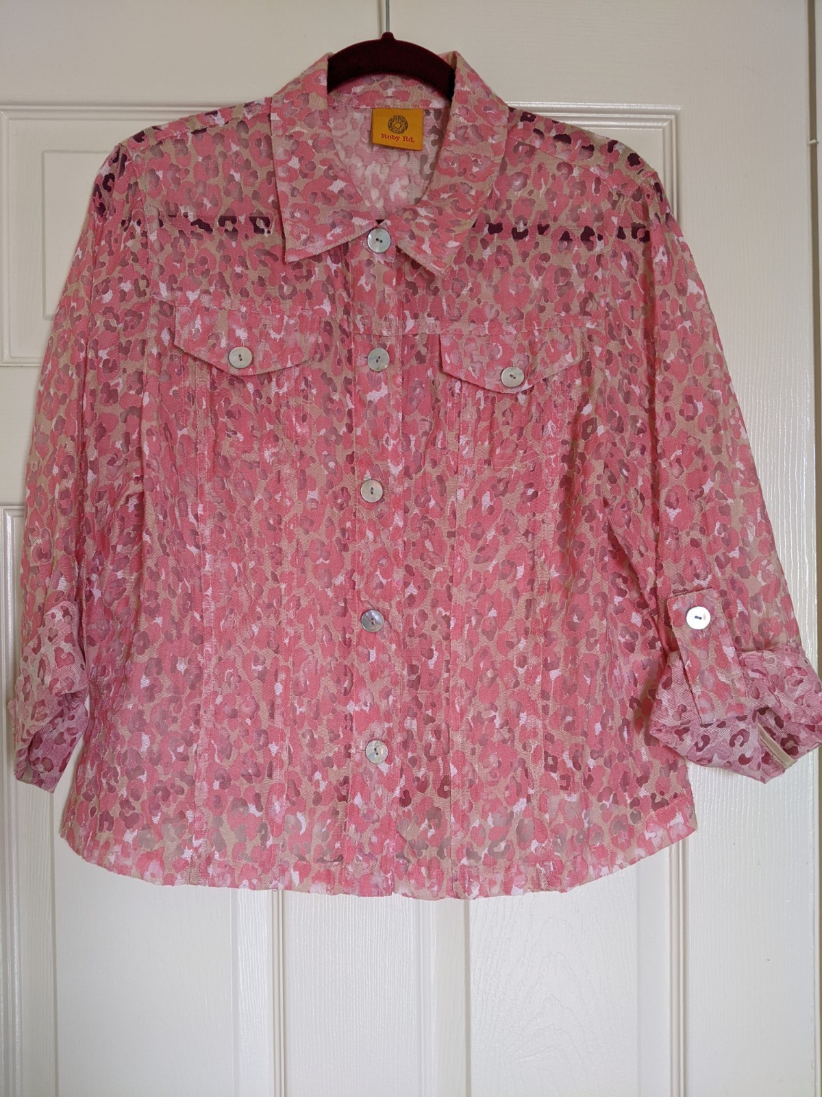 Ruby Rd Pink Leopard Print Blouse Jacket M Semi S… - image 1