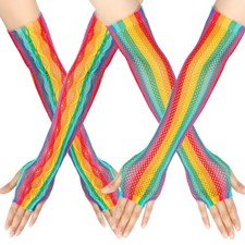 mdgfge 2 Pairs Rainbow Long Fishnet Fingerless Gloves Elastic Arm Multi