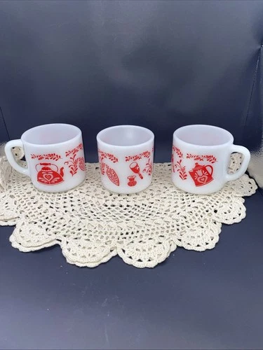 3 Vintage  Federal Milk Glass Red Kettle Iron Red Teapot Coffee Mug Cup  USA VTG