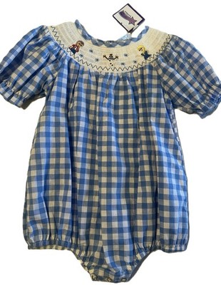 NWT girls 24 mo Blue White Gingham Smocked Boutique Frozen Bubble Romper