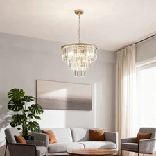 Modern 20'' Crystal Chandelier Gold Luxury 3-Tier Pendant Light Ceiling Fixture