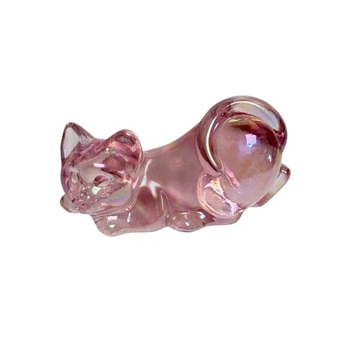 Vintage Fenton Pink Iridescent Cat Figure Paperweight
