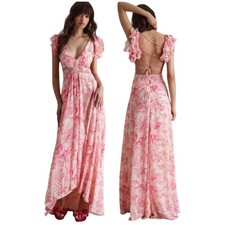 Mac Duggal NWT Pink Floral Printed Ruffle Shoulder Lace Up Gown Size 2 Beaded