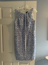 Chaps Size 12 White & Multi Blue Geometric design dress with belt