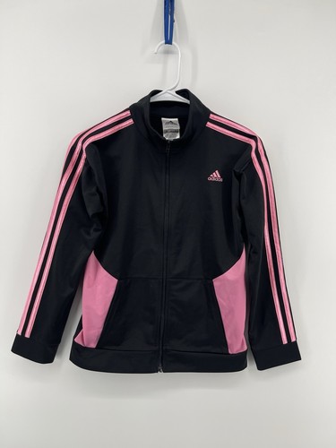 Adidas Girls Track Jacket Full Zip Long Sleeve Youth Size 14 Large Black Pink