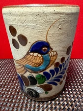Tonala? Mexican Pottery Coffee Mug Hand-Painted With Bird 5" Tall