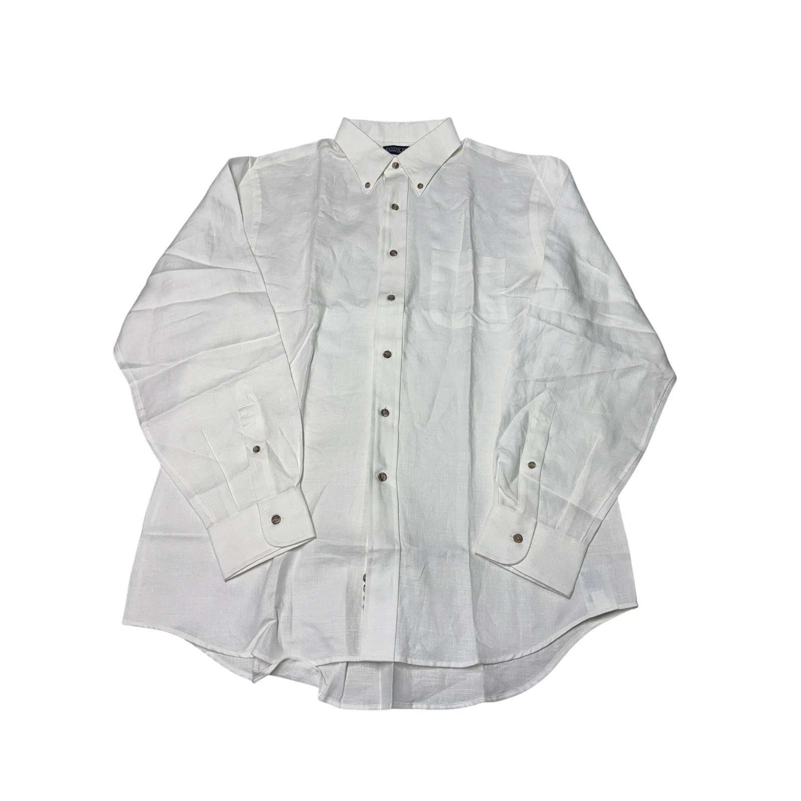 VTG Lands End Mens White 100% Linen Button Down Shirt Regular Standard 16-35 L