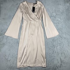 Nasty Gal Dress Womens 2 Beige Wrap Midi V-Neck Long Bell Sleeve Satin
