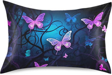 Purple Blue Butterfly Satin Pillowcase, Soft Breathable Silk Pillow Case with En