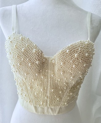 NWT Windsor Ivory Pearl Beaded Embellished Cropped Bustier Bra Top Size M - NEW