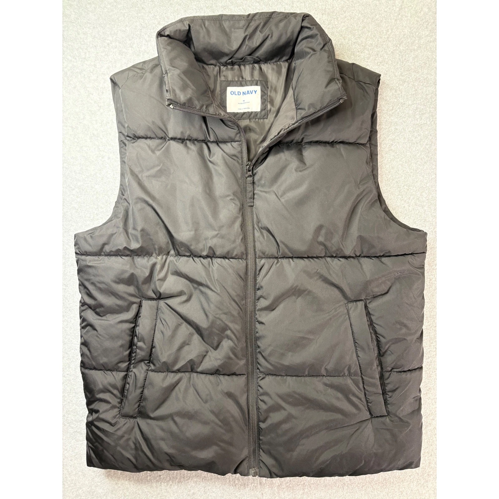 Old Navy Duvet Puffer Vest Mens Medium Black Water Resistant Full Zip 473484-00