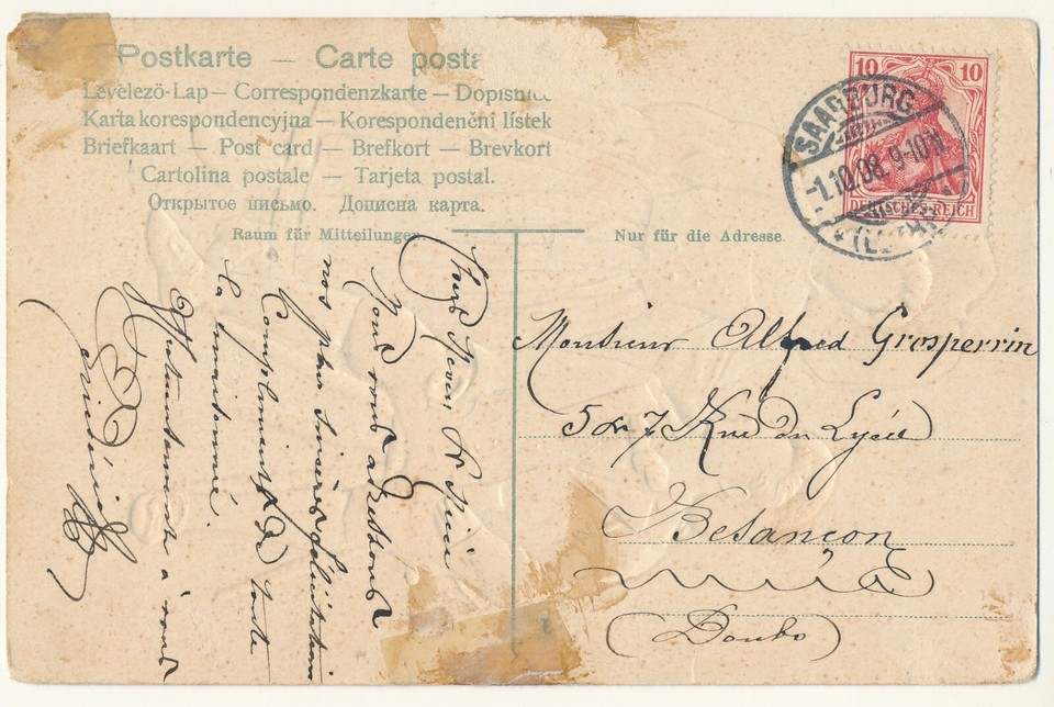 Embroidered embossed post card 1908 - Alsace folk costumes - Elsässer ...