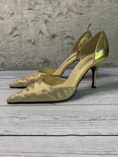 Ann Marino High Heels Pointed Toe Gold Shimmer D'Orsay Stilettos Womens 8.5