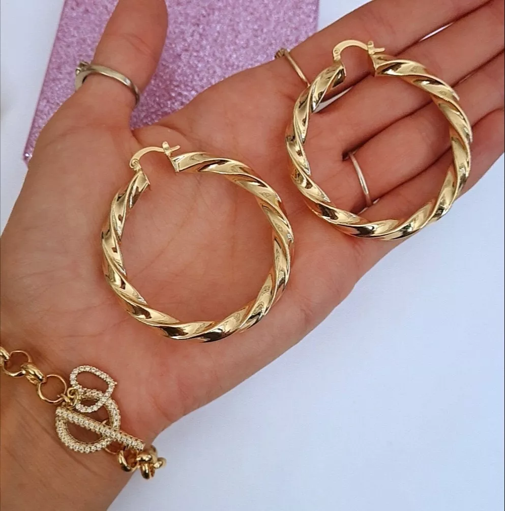 9ct Gold GF 50mm Small Chunky Twist Gold Hoop Earrings Twisted Hoops Classic