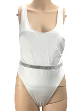  80 VICTORIAS SECRET SHINE STRAP PLUNGE ONE PIECE SWIM SUIT WHITE XS S M L XL