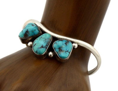Navajo Bracelet 925 Silver Blue Kingman Turquoise Artist Signed E SANDAVOL C80s