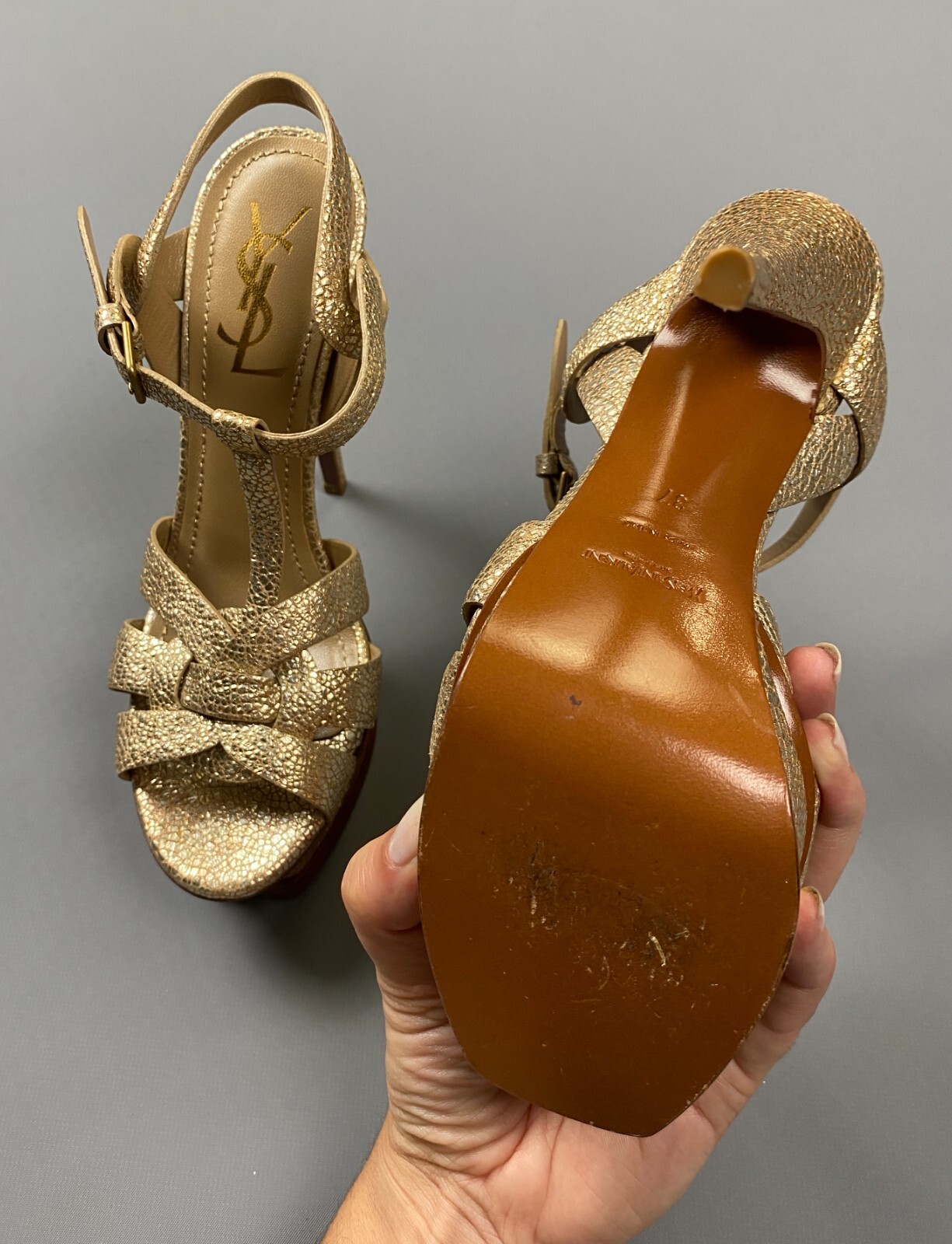 YVES SAINT LAURENT G METALLIC CRACKLED YSL TRIBUTE PLATFORM HEEL SANDALS 37