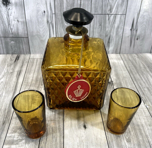 VTG Golden Crown Amber Square Diamond Point Decanter w Stopper, 2 Shot Glasses - Picture 3 of 9