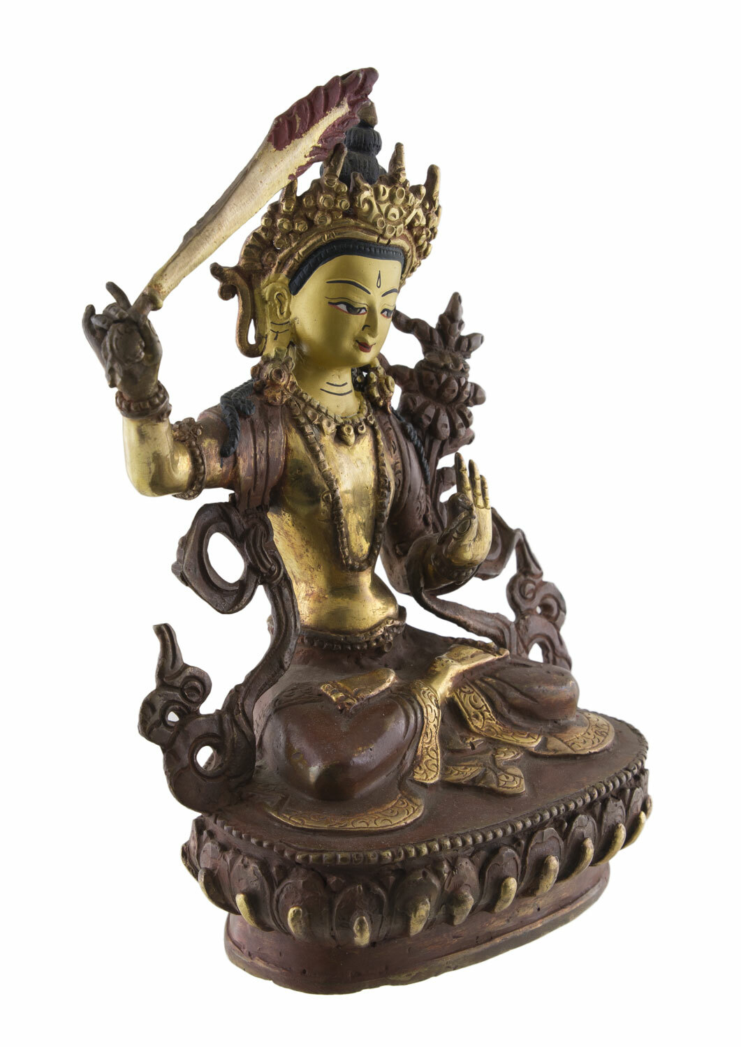 Manjushri ancienne Statue Tibetaine Manjushree 17cm Cuivre et Dorure Nepal 1462 Nieuw, koopje
