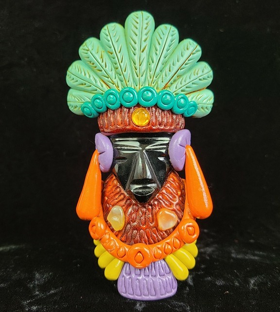 Vintage Onyx Stone Aztec Mayan Incan Warrior Figurine Mexico Clay