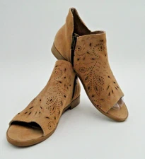 Coolway Shoes US 7 Booties Ankle Open Toe Suede Paisley Laser Cut Tan
