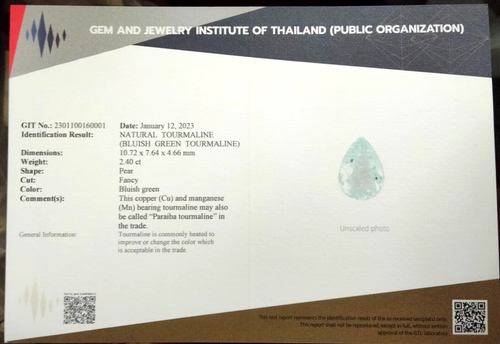 GIT CERTIFIED 2.40 CTS Blue green natural touramaline ( paraiba ) pear shape - Picture 4 of 5