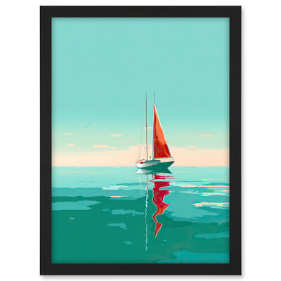 Ein Segelboot mit rotem Segel segelt auf ruhigem Meer gerahmtes Kunstbild Druck A3