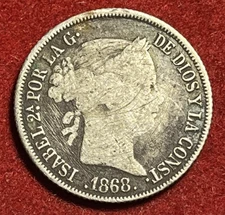 Philippines 20 Centimos 1868 Silver Coin KM#146 T7765