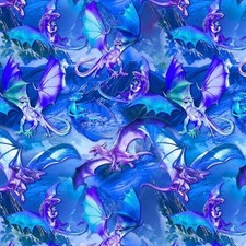 BTY TT Fantasy DRAGONS Blue Print 100 Cotton Quilt Fabric by Yard