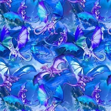BTY TT Fantasy DRAGONS Blue Print 100% Cotton Quilt Fabric by Yard