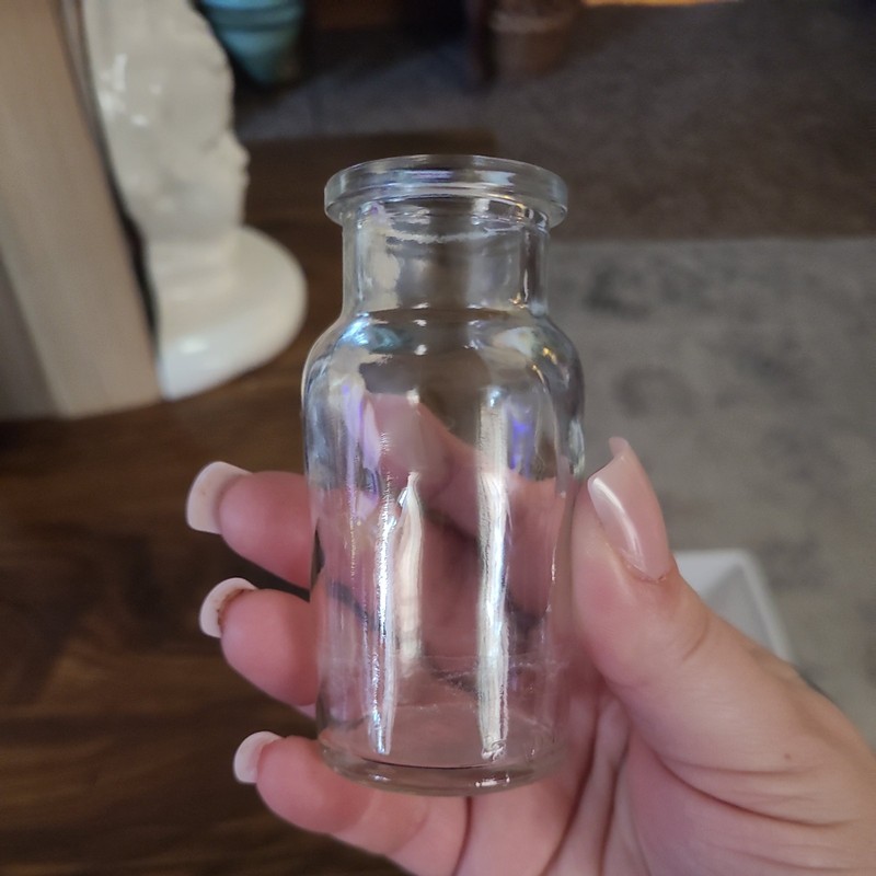 Vintage Wagner Clear Glass Bottle Spice Jar  4 inches Tall. No lid!