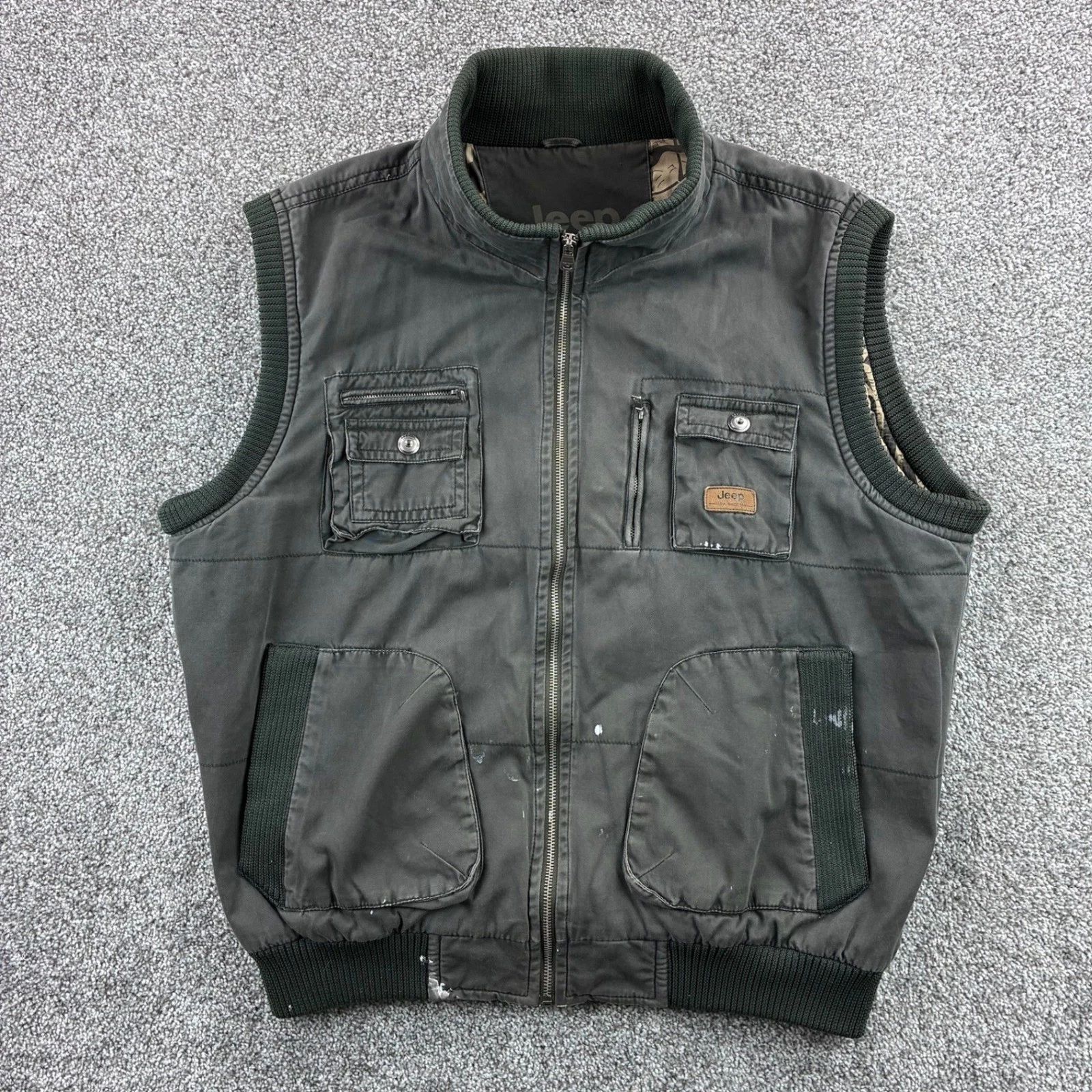 Jeep Utility Cargo Vest Mens XL Green Full Zip Multi Pocket Rugged Off Road