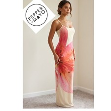 Peppermayo Pink Lily Floral Mesh Maxi Dress Cream Bodycon NWT Size US 6 Summery