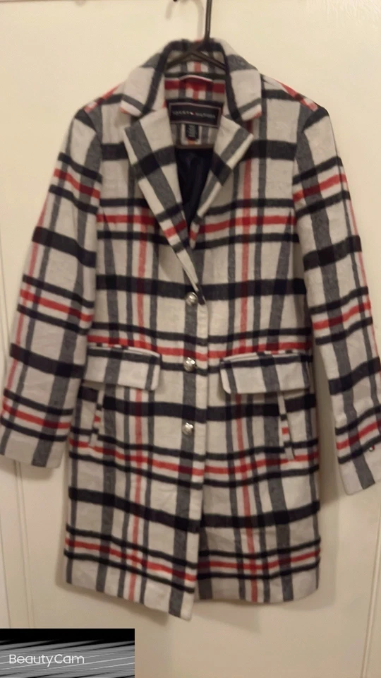 Hermoso Abrigo Tommy Hilfiger Talla 8 Negro Cuadros Midi Guisante Mujer Foto 4 de 4