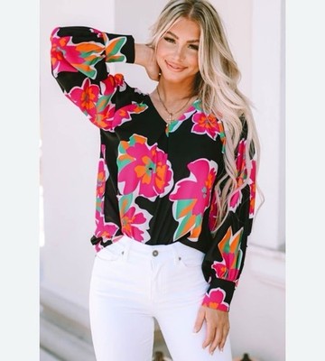 Azel Hazel Black Bright Pink Flower Print Puff Sleeve Blouse Medium