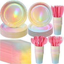 Disposable Iridescent Party Decor Set for 25 - Rainbow Plates, Ideal for Wedd...