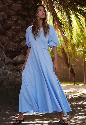 Free People FP Beach Brentwood Maxi Dress Blue Size Large Puff Sleeve Cotton Z24