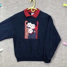 Vintage Jerzees Sweatshirt Womens L Blue Patriotic Cat Collared Pullover USA 90s