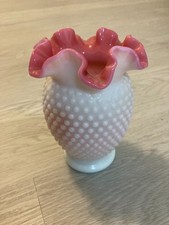 Fenton Cranberry Opalescent Hobnail 6" Vase Ruffled Crimped Rim Art Glass