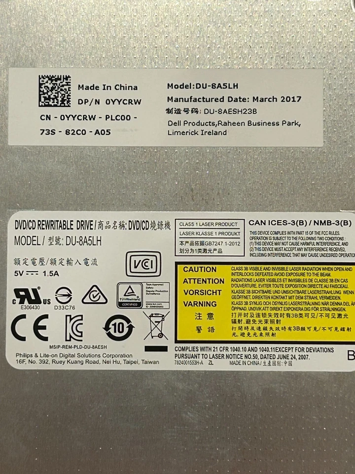 Dell DU-8A5LH 9.5mm SATA Slim DVD RW Drive – 0YYCRW – Desktop Optical Rewriter - Image 2 of 4