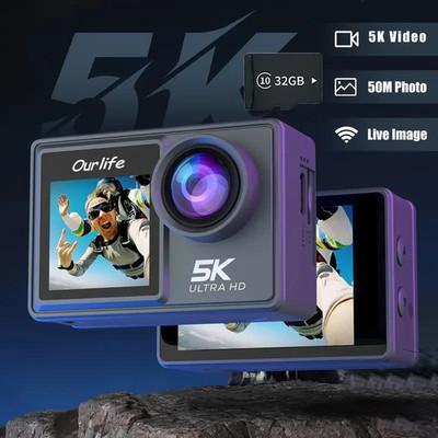 Ourlife 5K Action Camera 50MP EIS WiFi Dual Screen Vlog Cam w/ 32GB Card