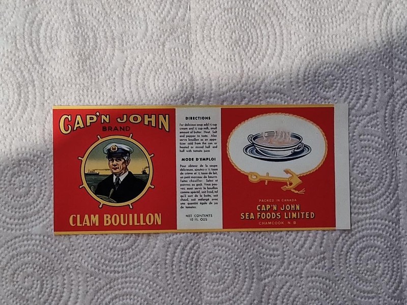 1 CAP'N John Brand Clam Bouillon Vintage Can Label Chamcook NB
